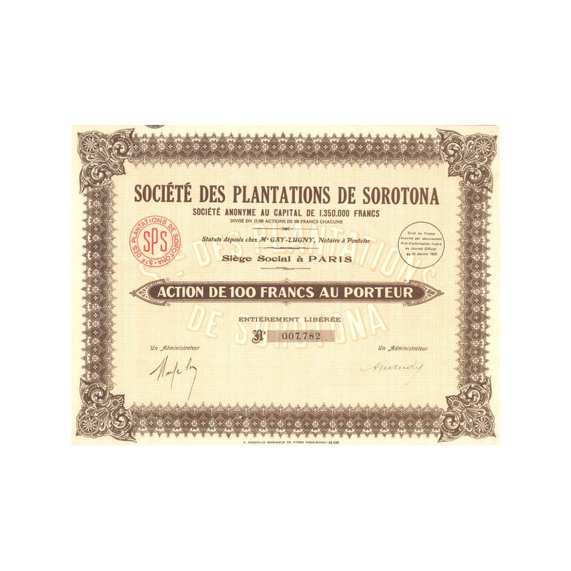 Sté des Plantations de Sorotona (Act 100 F)