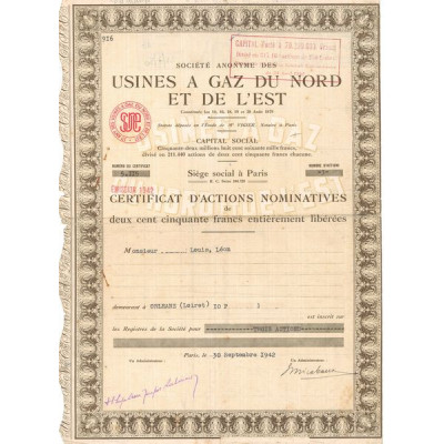 S.A. des Usines à Gaz du Nord et de l'Est (Certif Act Nomin 250 F)