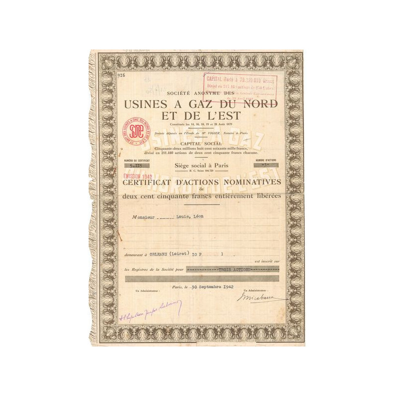 S.A. des Usines à Gaz du Nord et de l'Est (Certif Act Nomin 250 F)