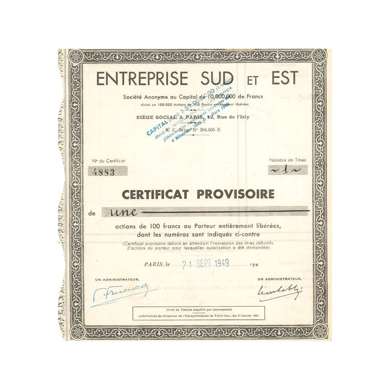 Entreprise Sud et Est (Certif Provisoire Act 100 F)