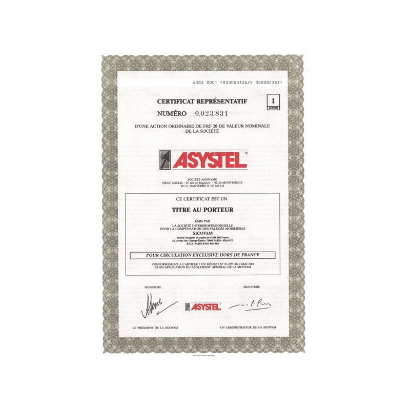 Asystel (Certif Représentatif 20 F)