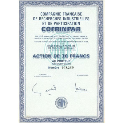Cie Française de Recherches Industrielles et de Participation Cofrinpar (Act 30 F) (Capital 3.339.900 F)