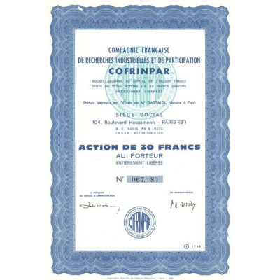 Cie Française de Recherches Industrielles et de Participation Cofrinpar (Act 30 F) (Capital 2.100.000 F)