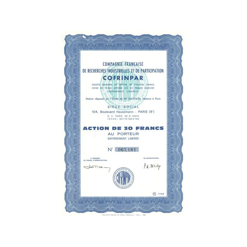 Cie Française de Recherches Industrielles et de Participation Cofrinpar (Act 30 F) (Capital 2.100.000 F)
