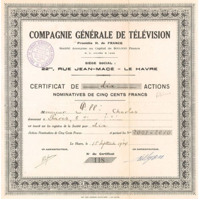 Cie Gale de Télévision - Procédés H. de France (Certif 10 Act Nomin 500 F)