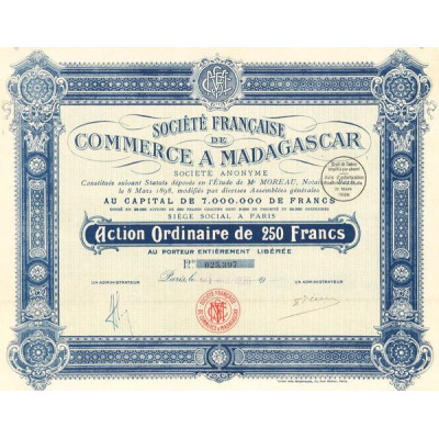Sté Française de Commerce à Madagascar (Capital 7 000 000 Francs)(Act O 250 F)