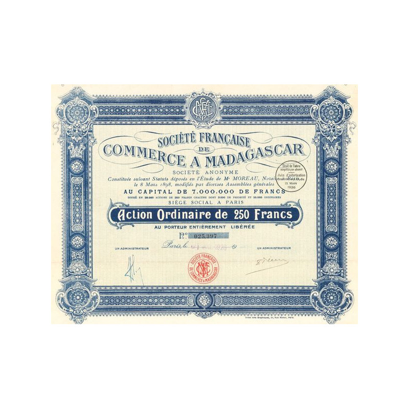 Sté Française de Commerce à Madagascar (Capital 7 000 000 Francs)(Act O 250 F)