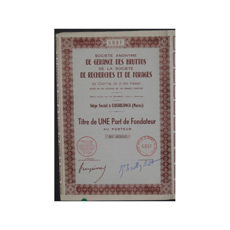 S.A. de Gérance des Bruttos de la Sté de Recherches et de Forages (1 Part) (Modèle 1)
