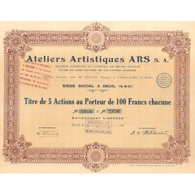 Ateliers Artistiques ARS S.A. - 1927 - (Titre 05 Act 100 F)
