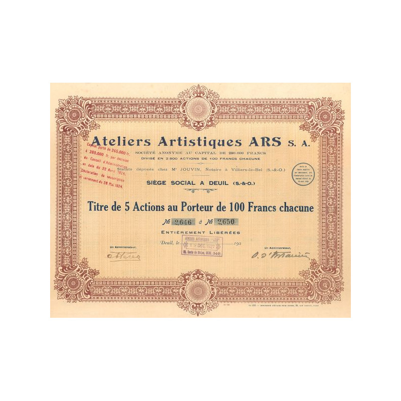 Ateliers Artistiques ARS S.A. - 1927 - (Titre 05 Act 100 F)
