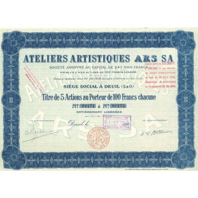 Ateliers Artistiques ARS S.A. - 1923 - (Titre 05 Act 100 F)