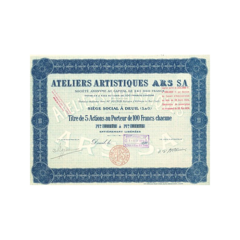 Ateliers Artistiques ARS S.A. - 1923 - (Titre 05 Act 100 F)