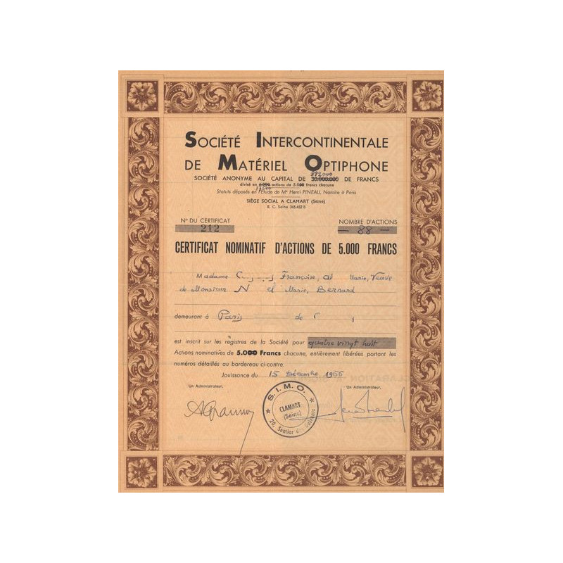 Sté Intercontinentale de Matériel Optiphone (Certif Nomin d'Act 5000 F)