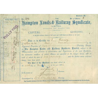 Hampton Lands & Railway Syndicate Ltd (Certif Nomin)