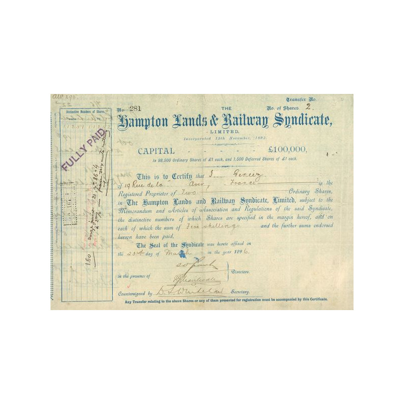 Hampton Lands & Railway Syndicate Ltd (Certif Nomin)