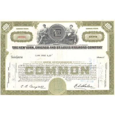 The New York. Chicago and St.Louis Railroad Cy (Certif Nomin Titre 100 Act 15$)