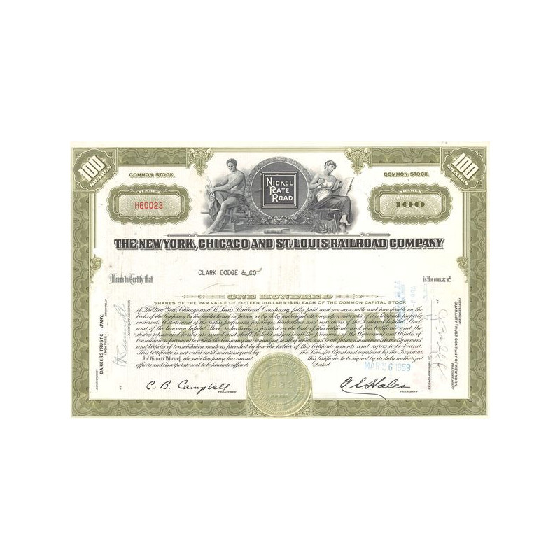 The New York. Chicago and St.Louis Railroad Cy (Certif Nomin Titre 100 Act 15$)