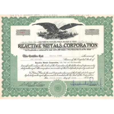 Reactive Metals Corporation (Certif Nomin Titre 1000 Act 1 Cent)