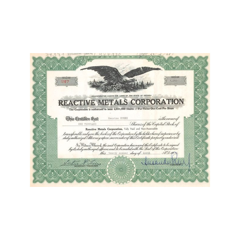 Reactive Metals Corporation (Certif Nomin Titre 1000 Act 1 Cent)