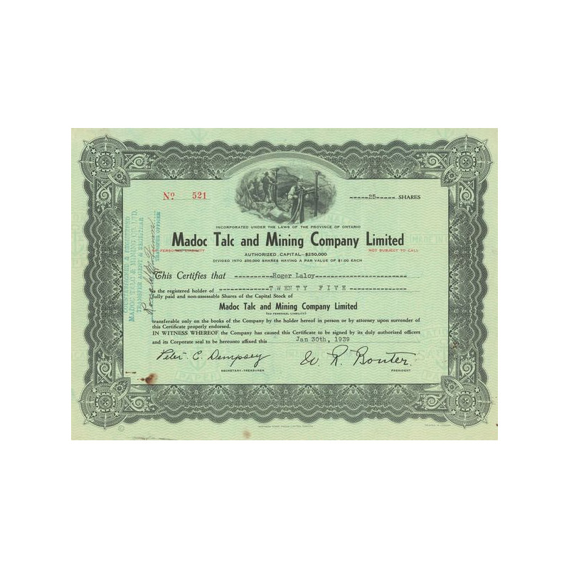 Madoc Talc and Mining Cy Ltd (Certif Nomin Titre 25 Act 1$)