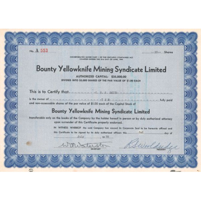 Bounty Yellowknife Mining Syndicate Ltd (Certif Nomin Titre 10 Act 1$)