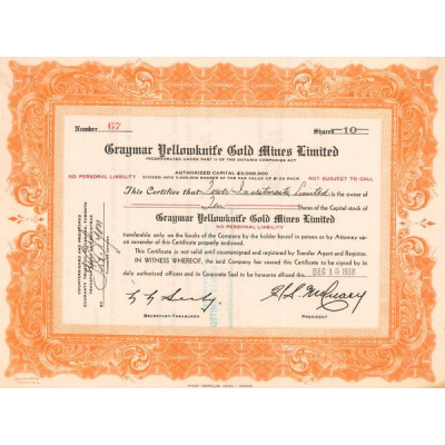 Graymar Yellowknife Gold Mines Ltd (Certif Nomin Titre 10 Act 1$)