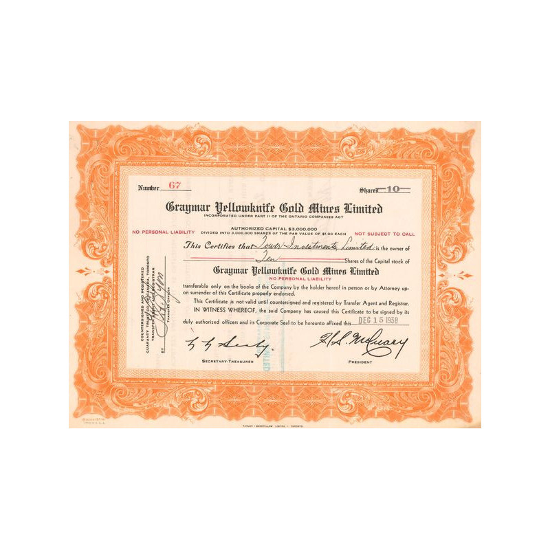 Graymar Yellowknife Gold Mines Ltd (Certif Nomin Titre 10 Act 1$)