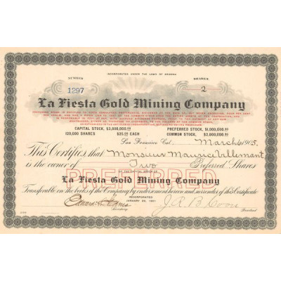 La Fiesta Gold Mining Cy (Certif Nomin Titre 02 Act 25$)