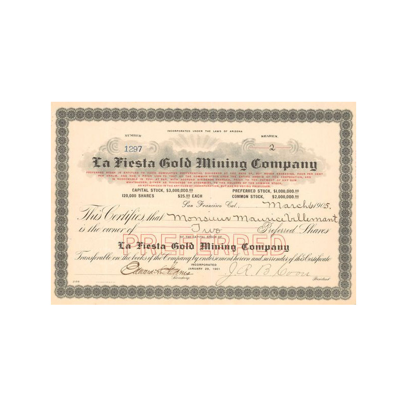 La Fiesta Gold Mining Cy (Certif Nomin Titre 02 Act 25$)