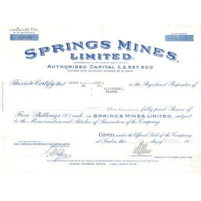 Springs Mines Ltd (Certif Nomin Titre 100 Act 5 shillings)