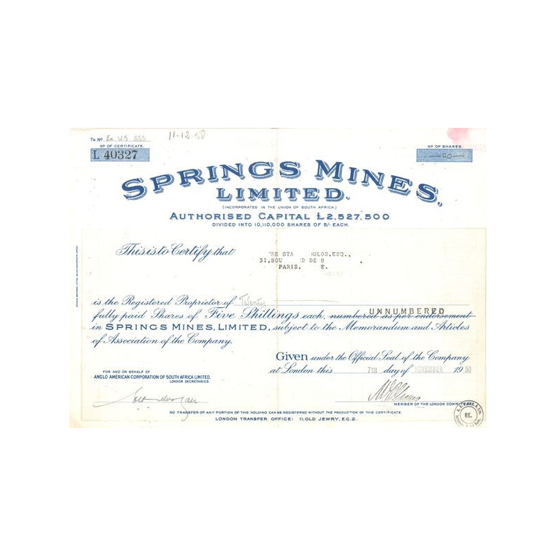 Springs Mines Ltd (Certif Nomin Titre 20 Act 5 shillings)
