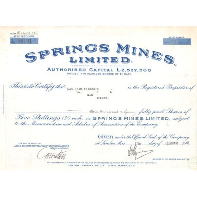Springs Mines Ltd (Certif Nomin Titre 140 Act 5 shillings)