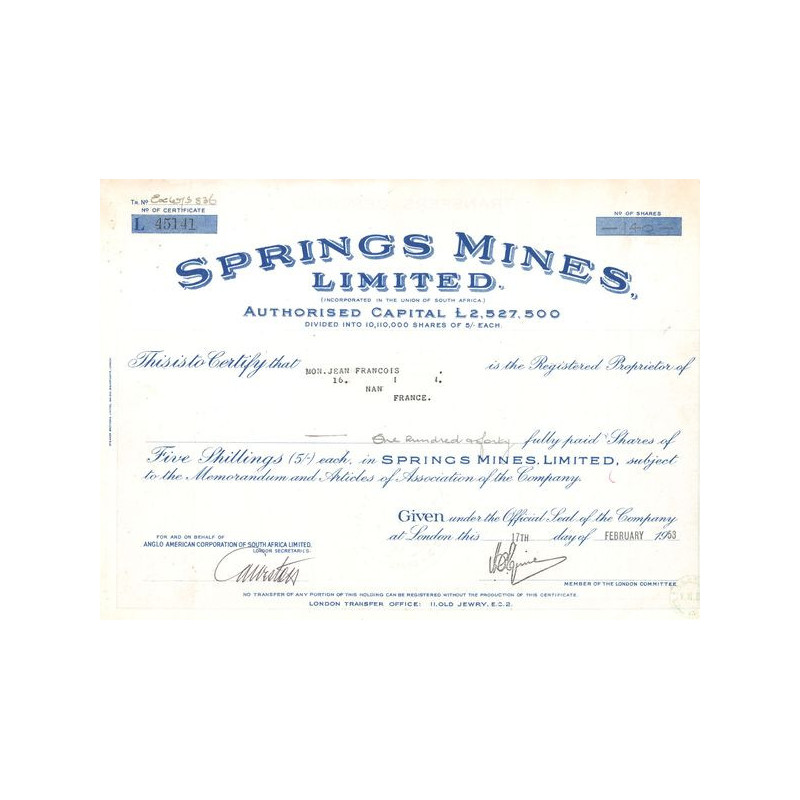 Springs Mines Ltd (Certif Nomin Titre 140 Act 5 shillings)