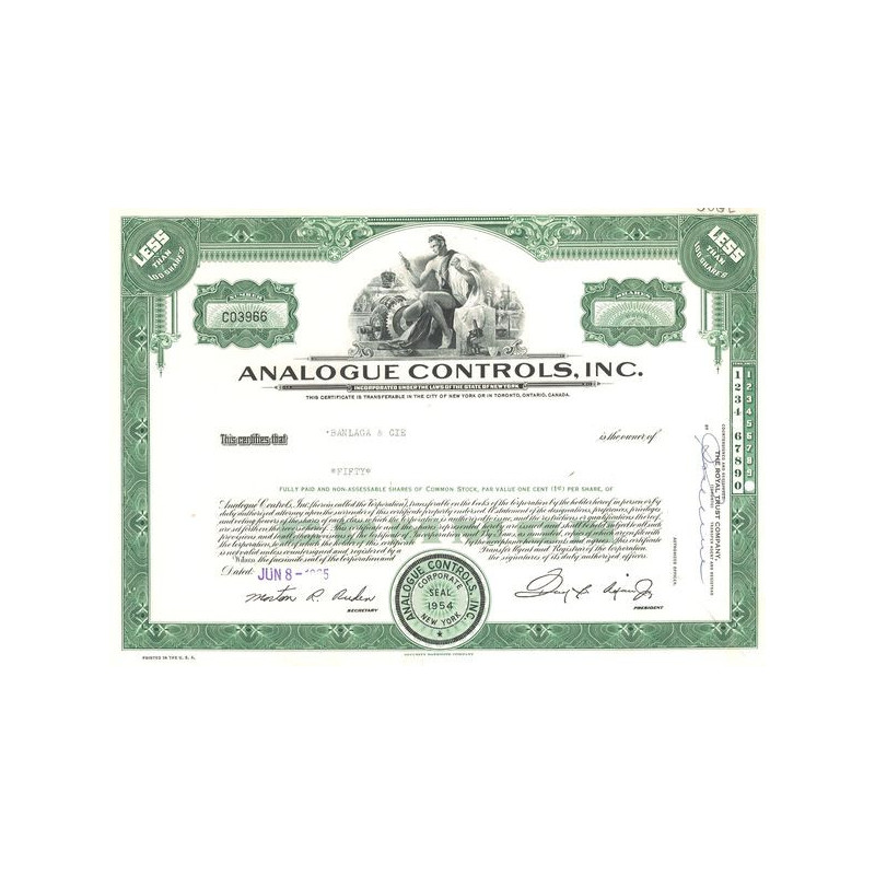 Analogue Controls Inc (Certif Nomin Titre 50 Act 1 Cents)