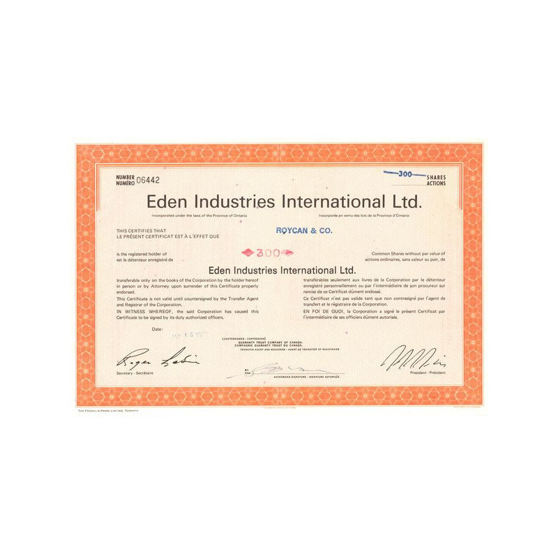Eden Industries International Ltd (Certif Nomin Titre 300 Act)