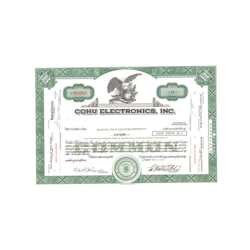 Cohu Electronics Inc. (Titre 15 Act 1$)
