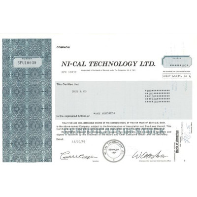 Ni-Cal Technology Ltd (Titre 100 Act 0.01$)