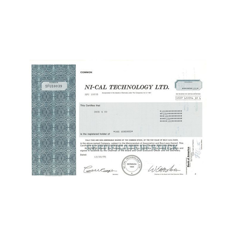 Ni-Cal Technology Ltd (Titre 100 Act 0.01$)