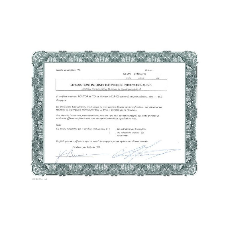 Sit Solutions Internet Technilogic International Inc (Certif Nomin)