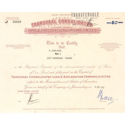 Transvaal Consolidated Land & Exploration Cy Ltd (Certif Nomin Titre 50 Act)