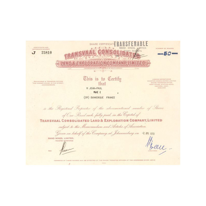 Transvaal Consolidated Land & Exploration Cy Ltd (Certif Nomin Titre 50 Act)