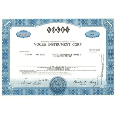 Vogue Instrument Corp (Titre 100 Act 0.01$)