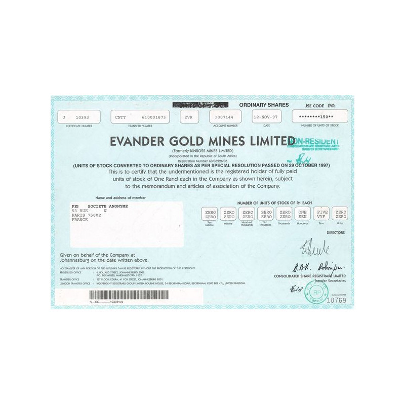 Evander Gold Mines Ltd (Formerly Kinross Mines Ltd) - (Titre 150 Act 1$)