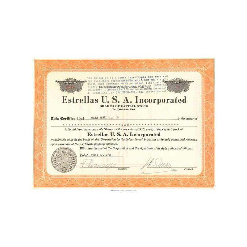 Estrellas U.S.A. Incorporated (Titre 10 Act 10$)