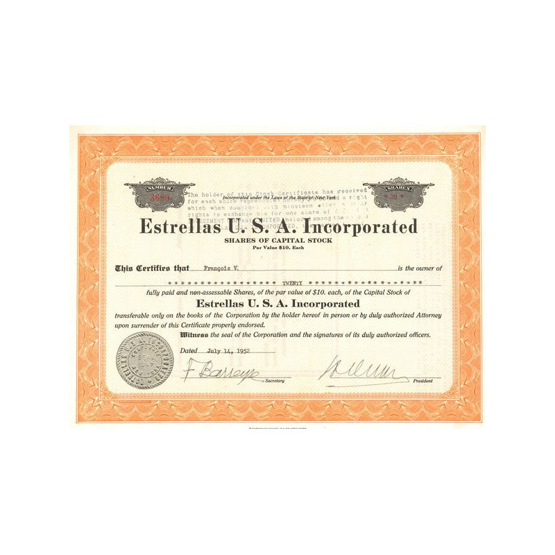 Estrellas U.S.A. Incorporated (Titre 20 Act 10$)