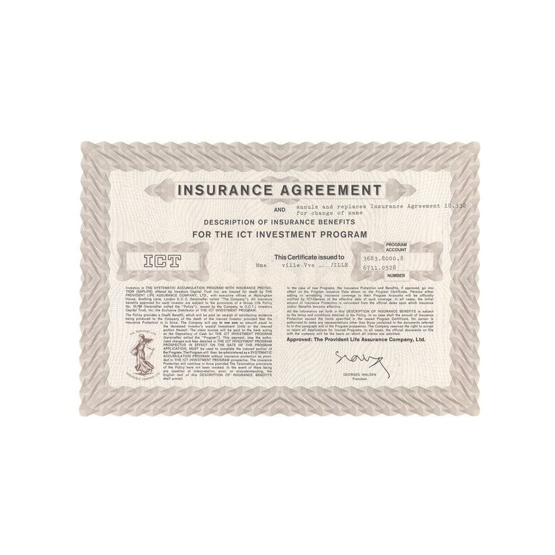 Insurance Agreement and Description of Insurance Benefits for the ICT Investment Program (Certif Nomin)