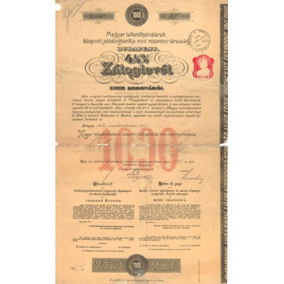Magyar Takarékpénztarak Központi Jelzalogbankja mint Részvény-Tarsasag Budapest 4 1/2% Zaloglevél (Act 1000 Couronnes)