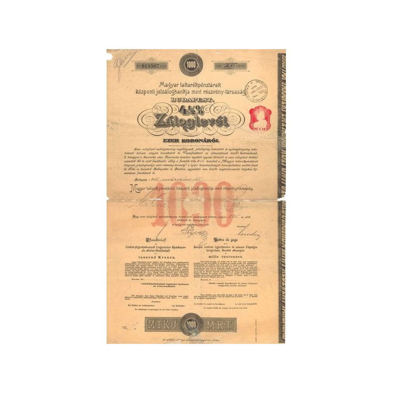 Magyar Takarékpénztarak Központi Jelzalogbankja mint Részvény-Tarsasag Budapest 4 1/2% Zaloglevél (Act 1000 Couronnes)