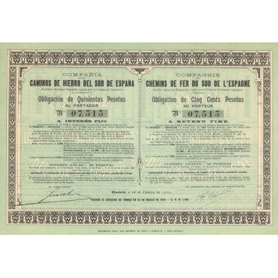 Cia de los Caminos de Hierro del Sur de España - Chemins de Fer du Sud de l'Espagne (Obl 500 Pesetas)