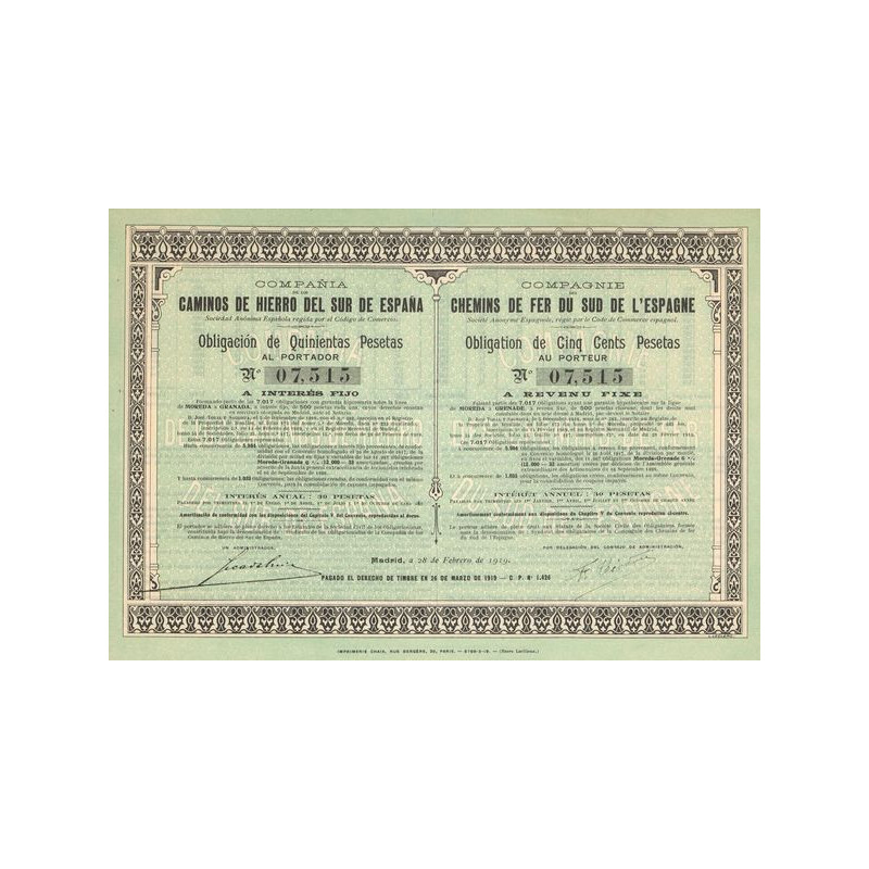 Cia de los Caminos de Hierro del Sur de España - Chemins de Fer du Sud de l'Espagne (Obl 500 Pesetas)